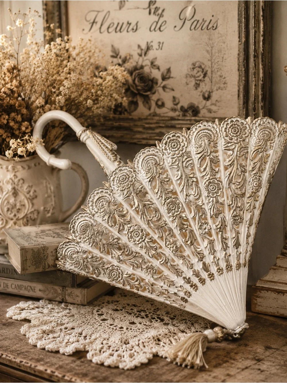 Elegant Decorative Hand Fan - Vintage-Inspired Cream Accent